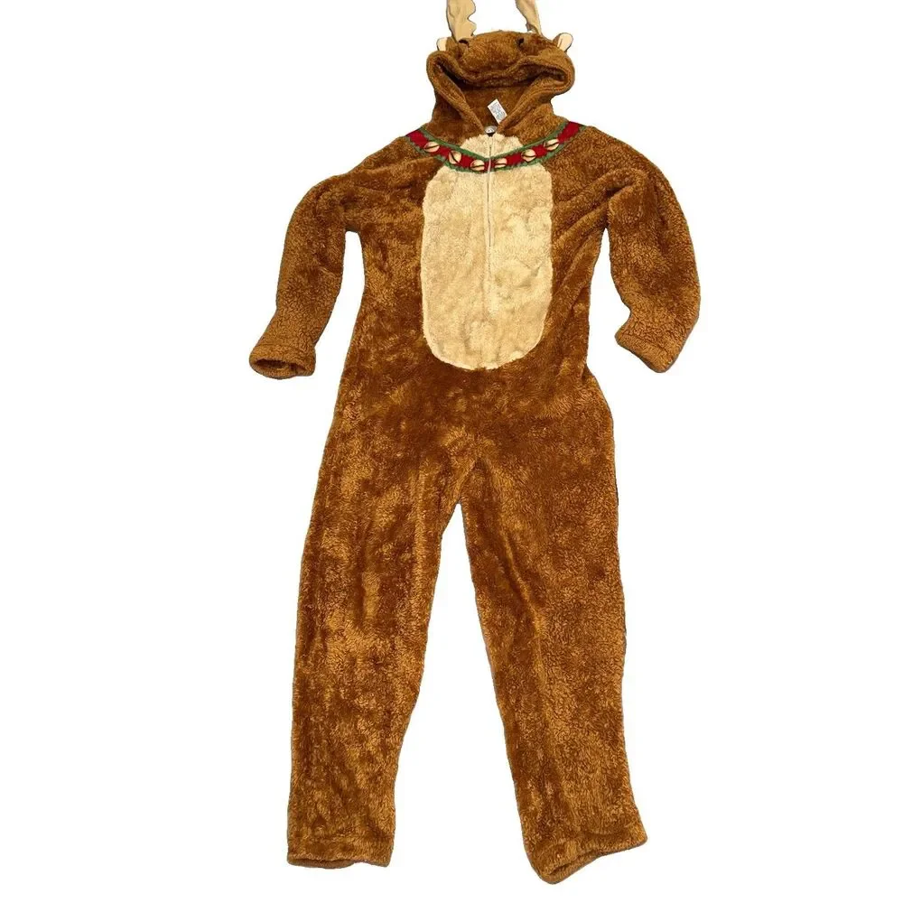 Reindeer Hooded One-Piece Costume Polyester Brown Full Body Zipper Size M (8-10)
